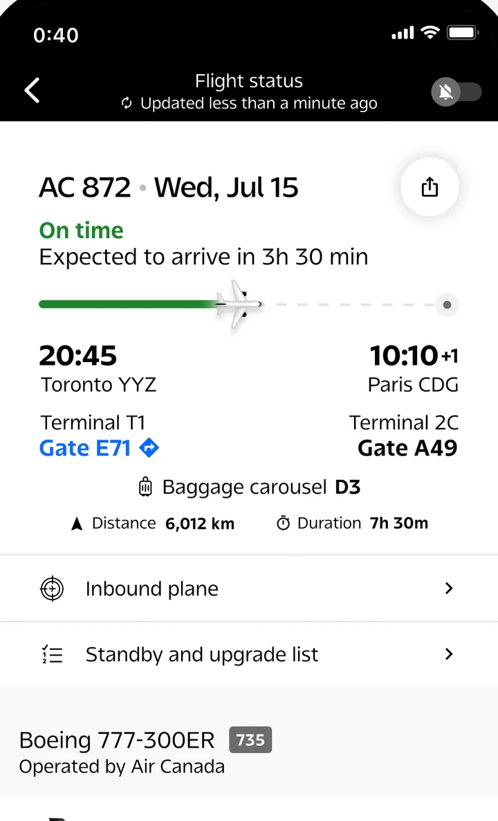 Air Canada app screen 1