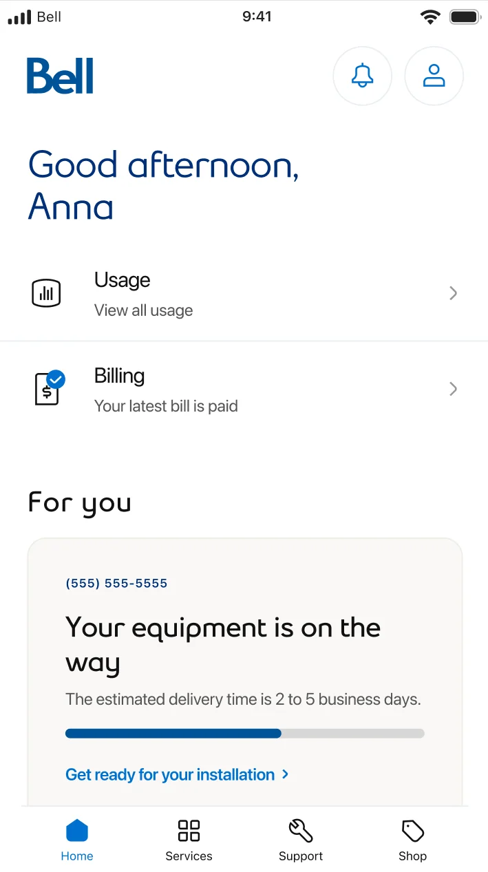 Bell app screen 1