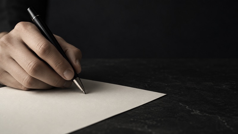 Illustration: a hand writing on cream paper with a black pen