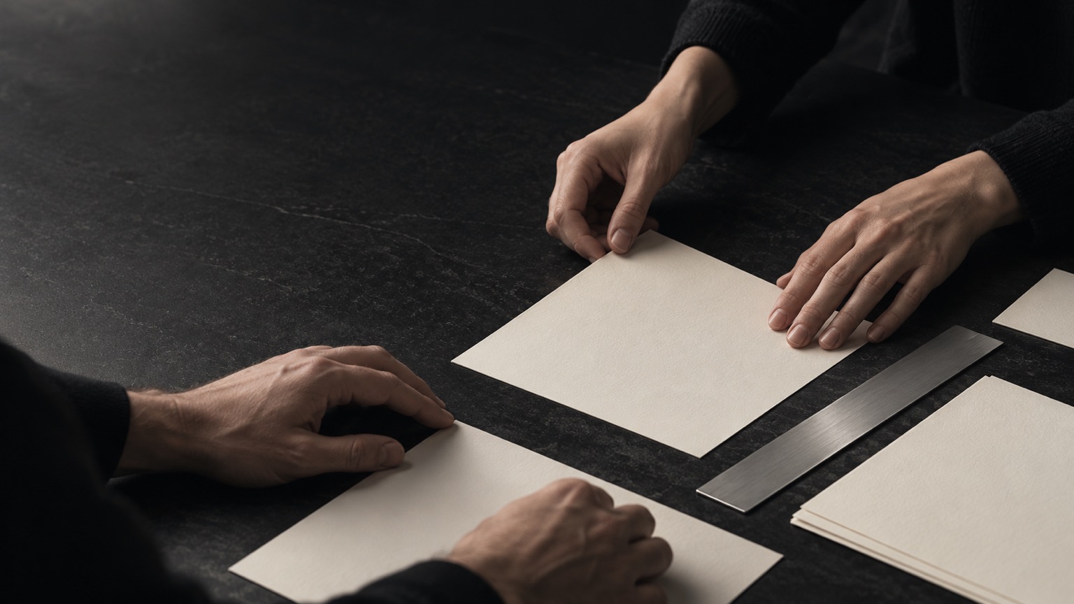 Illustration: hands laying out cream paper sheets and a steel rule on a dark desk